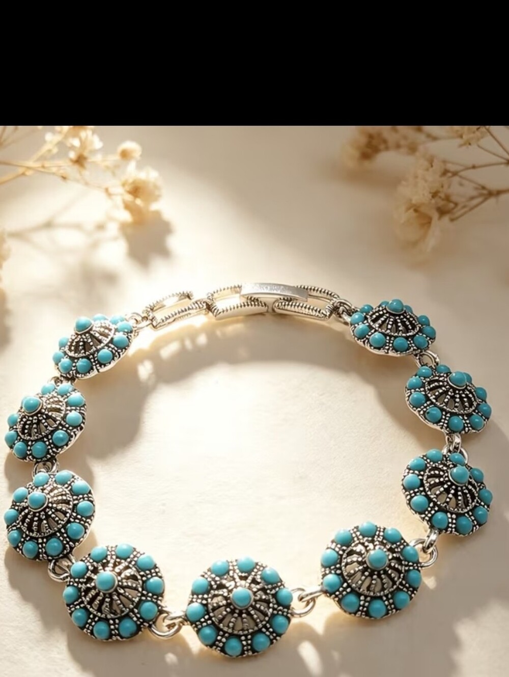 Turquoise Bead Floral Link Bracelet 7.28 Long